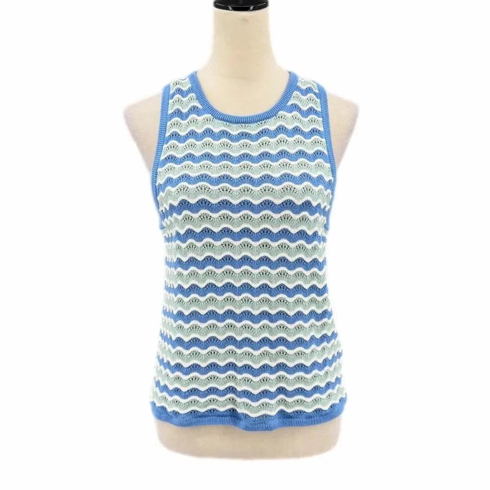 Marine Layer Blue White 100% Cotton Scalloped Wavy Knit Sleeveless Sweater Tank
